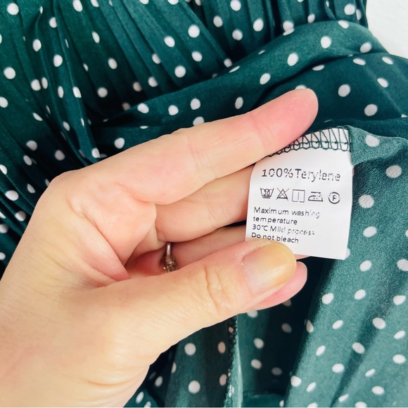 Green white polka dot pleat midi to maxi preppy cottagecore skirt small - Picture 5 of 6